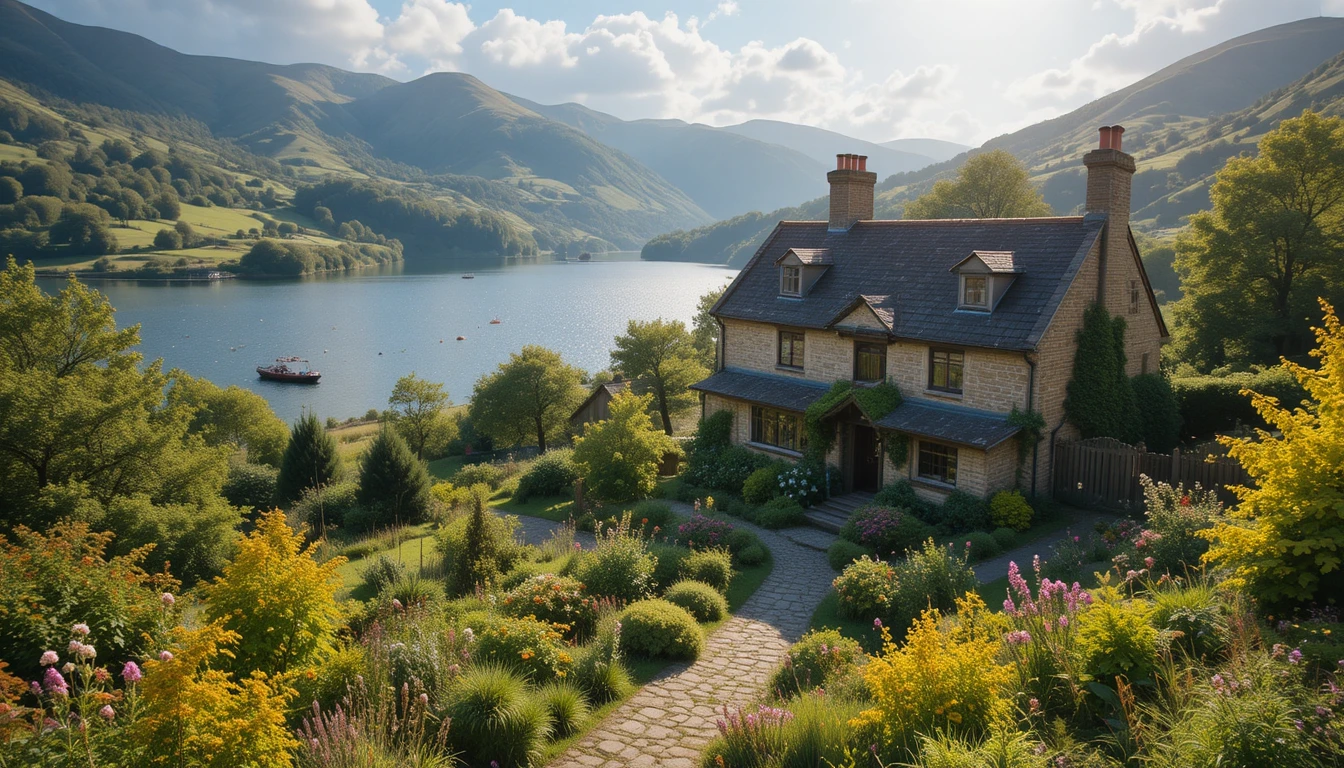 Stein cottage mit Gärten an einem sonnigen ländlichen See