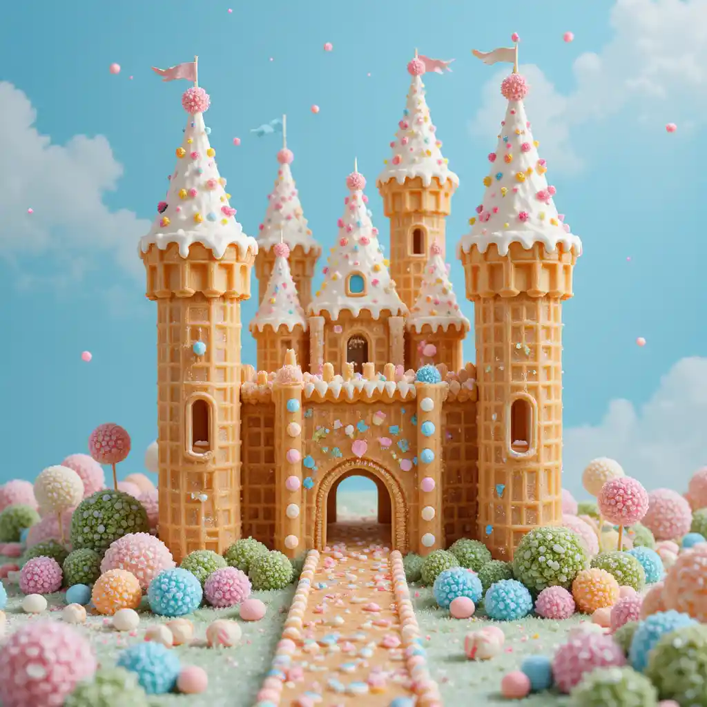 Château de Gaufres Fantaisiste dans un Paysage de Bonbons Pastel