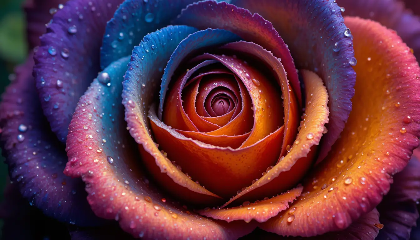Makroaufnahme einer schwarzen Rose mit regenbogenfarbenen Rändern