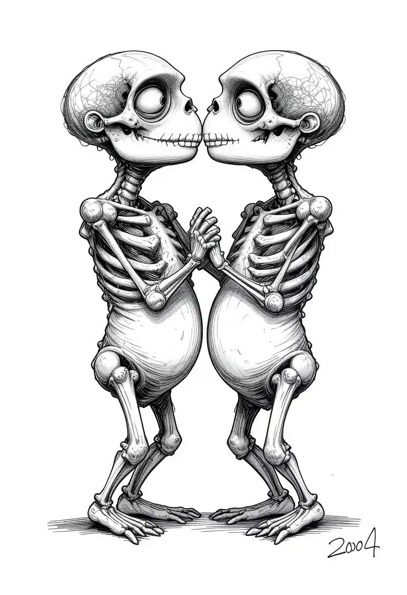 Two entwined skeletons sharing a kiss in black and white