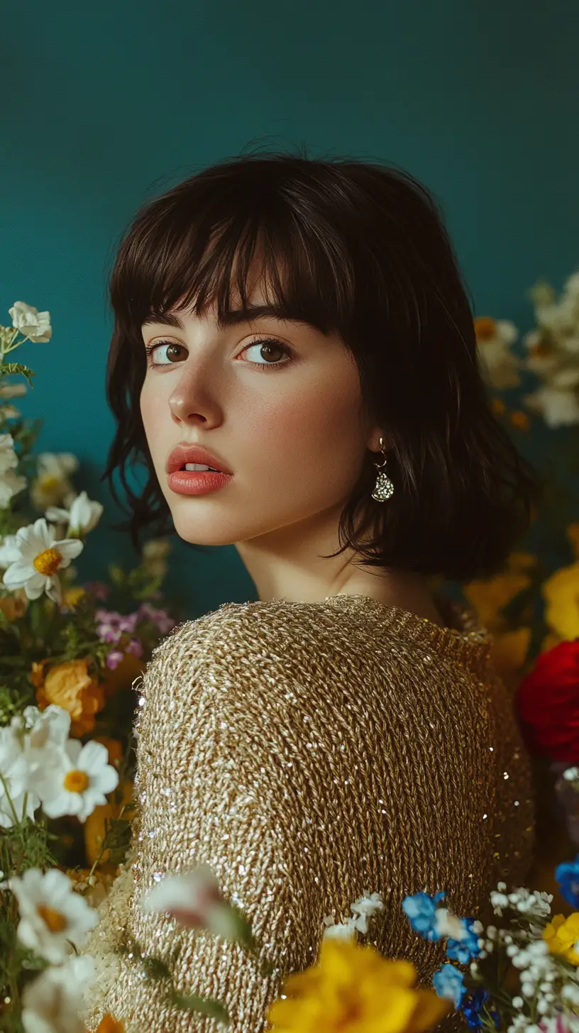 Donna anime con maglione dorato tra fiori vivaci