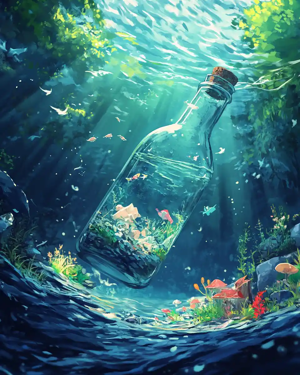 Bouteille façon anime dérivant sur la mer avec un minuscule monde intérieur
