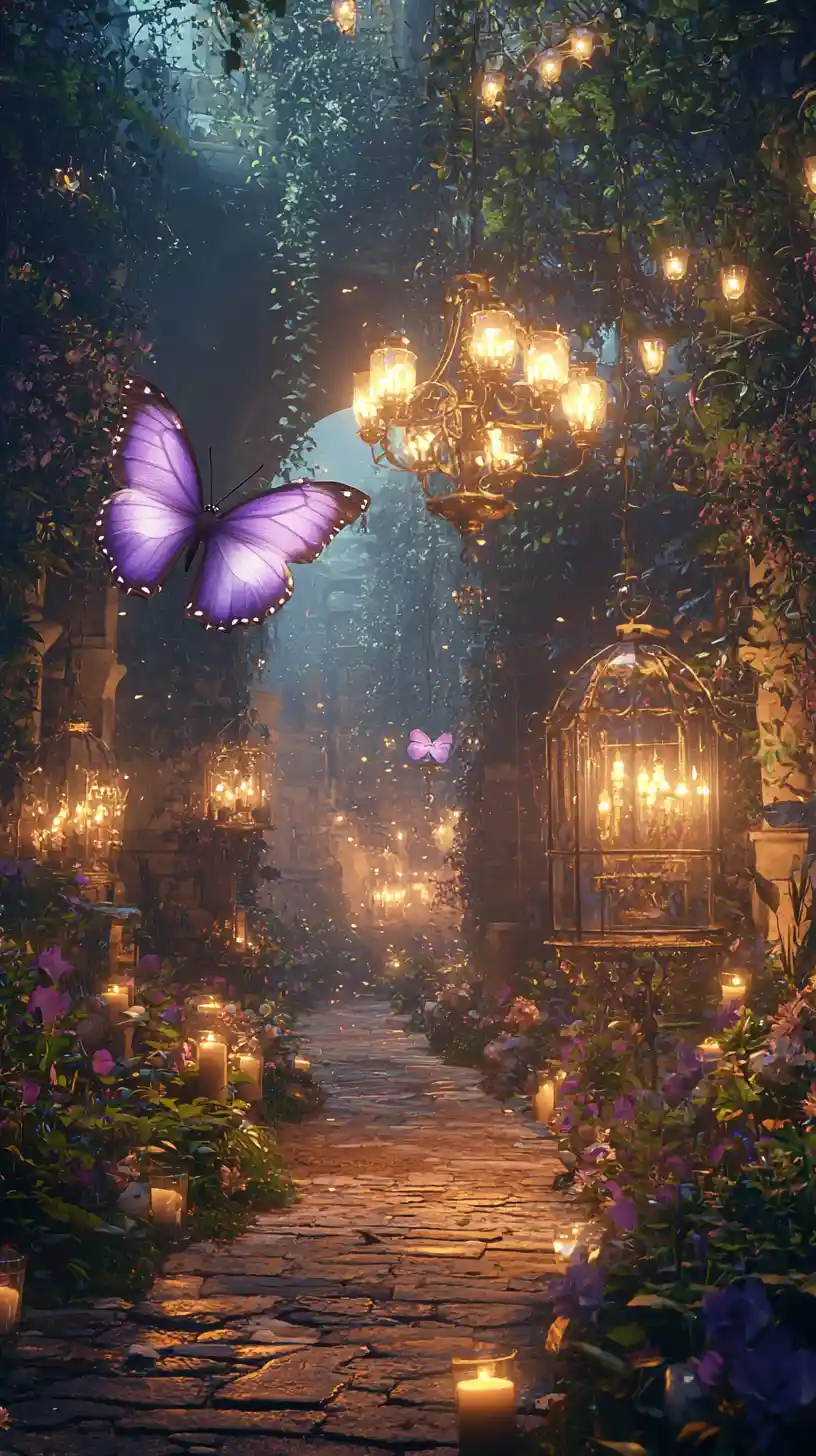 Enchanted twilight garden with glowing candles and butterfly