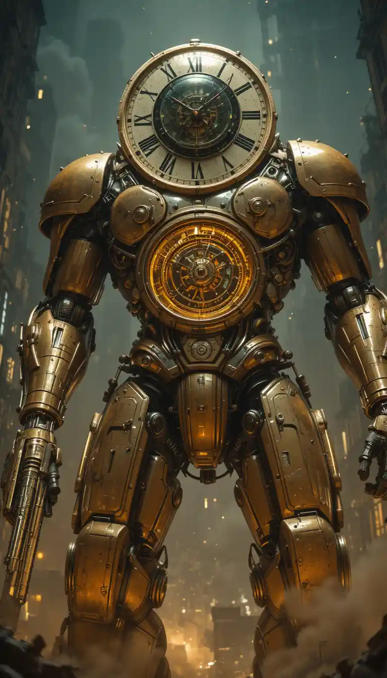 Kolossaler mech mit Uhrenkopf überragt zerstörte futuristische Stadt