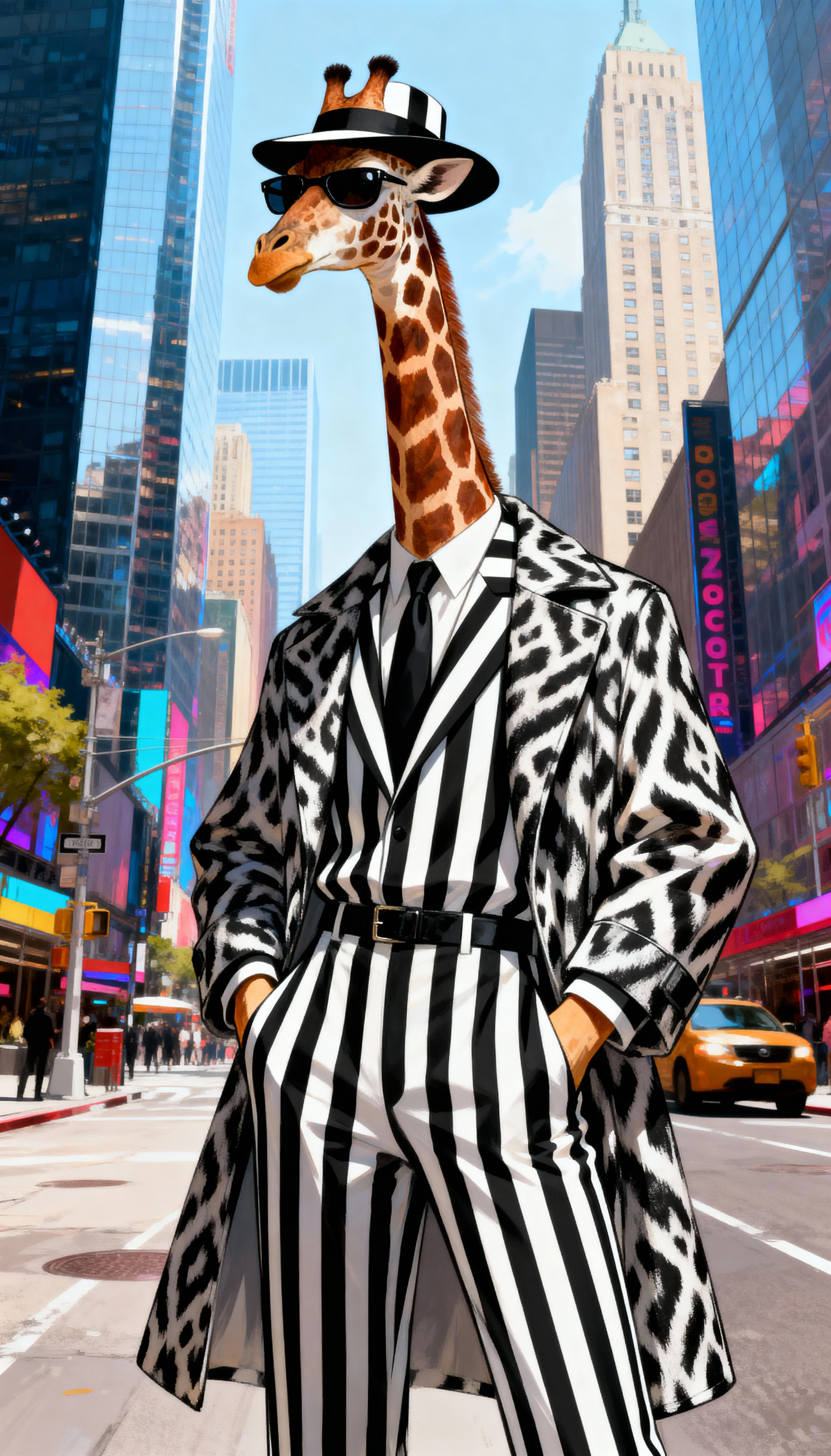 Elegante girafa antropomórfica com listras na cidade
