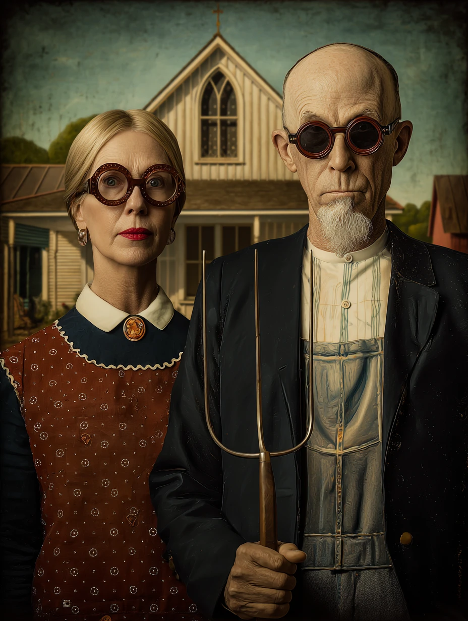 Couple American Gothic stylé dans une scène de conte de fées moderne