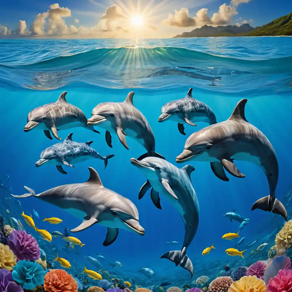 Allegra famiglia di delfini che nuota in un oceano colorato