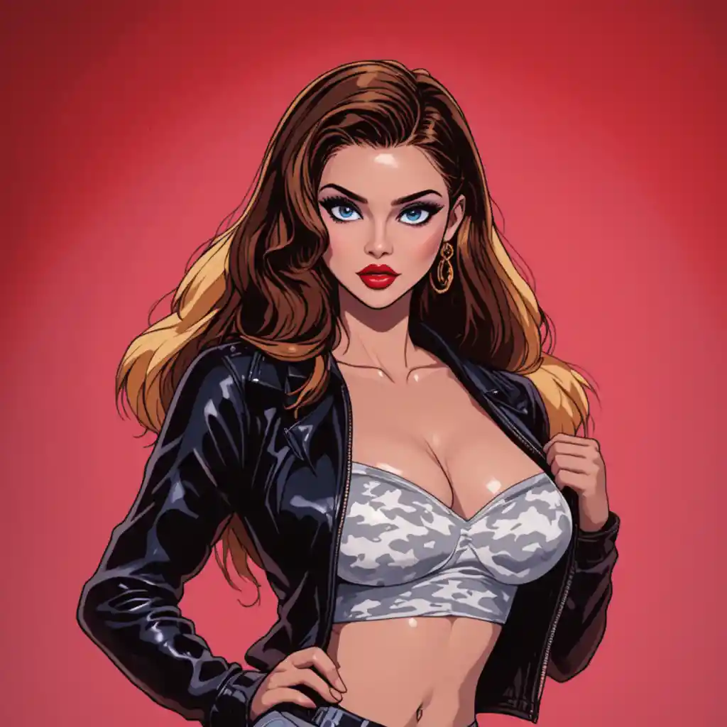 Blonde woman in leather jacket posing against red background