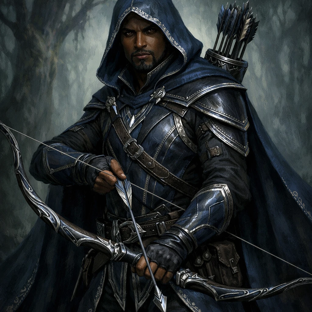 Archer fantastique à la peau sombre avec manteau de cuir bleu à capuche