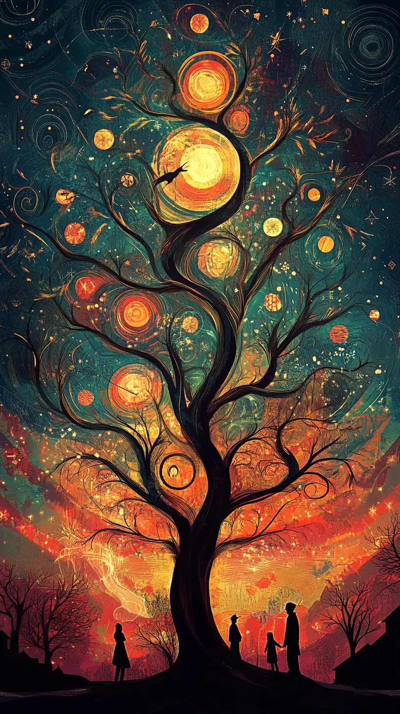 Illustrazione natalizia fantastica con silhouette decise e motivi decorativi