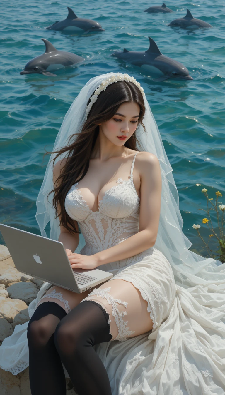 Young woman in wedding dress by the sea with laptop