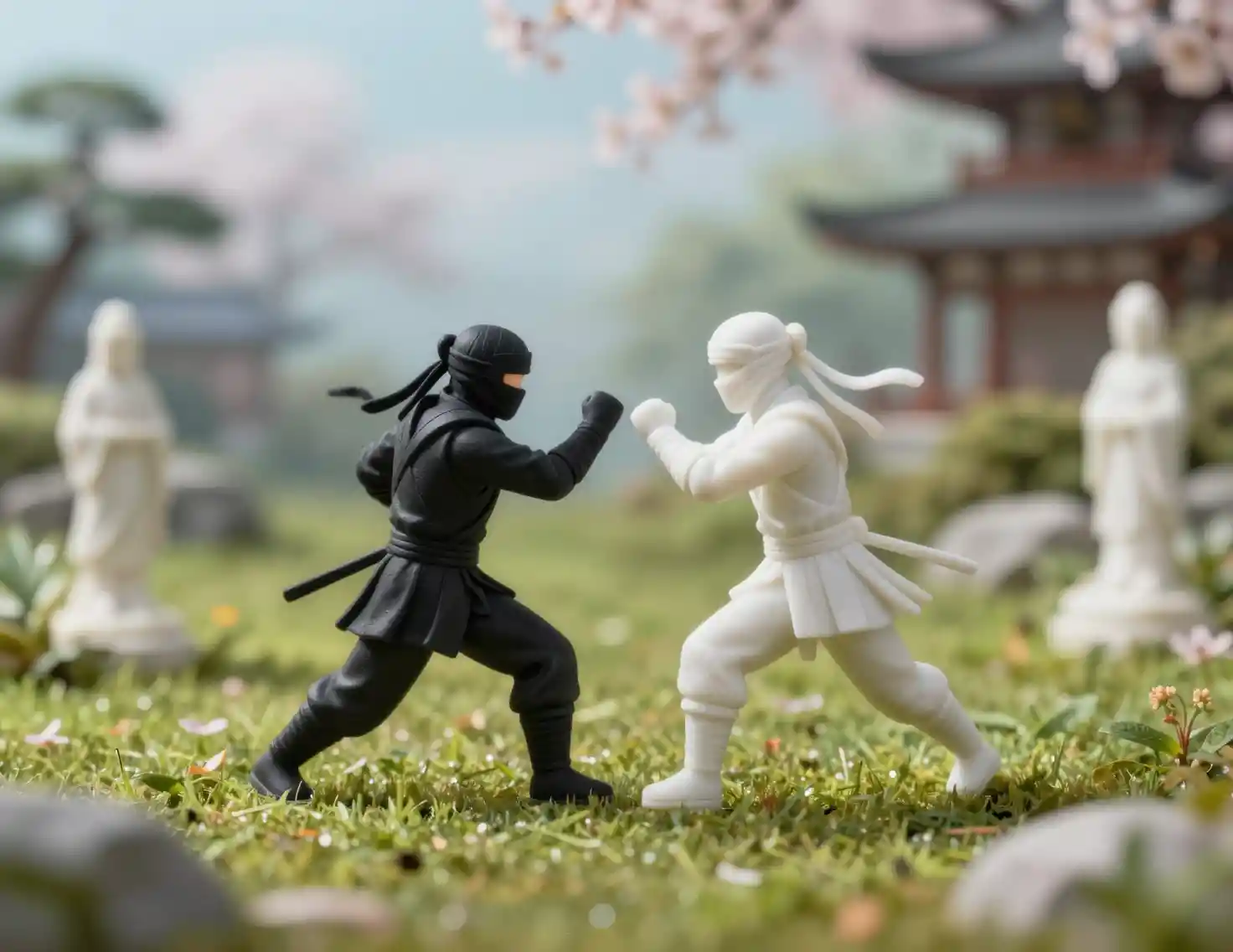 Marble ninja duel in a lush meadow miniature scene