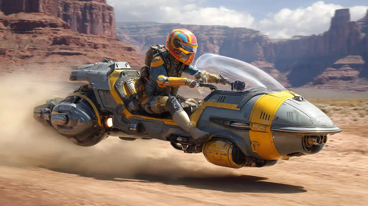 Futuristic hyper speeder racing low over dusty desert bluffs