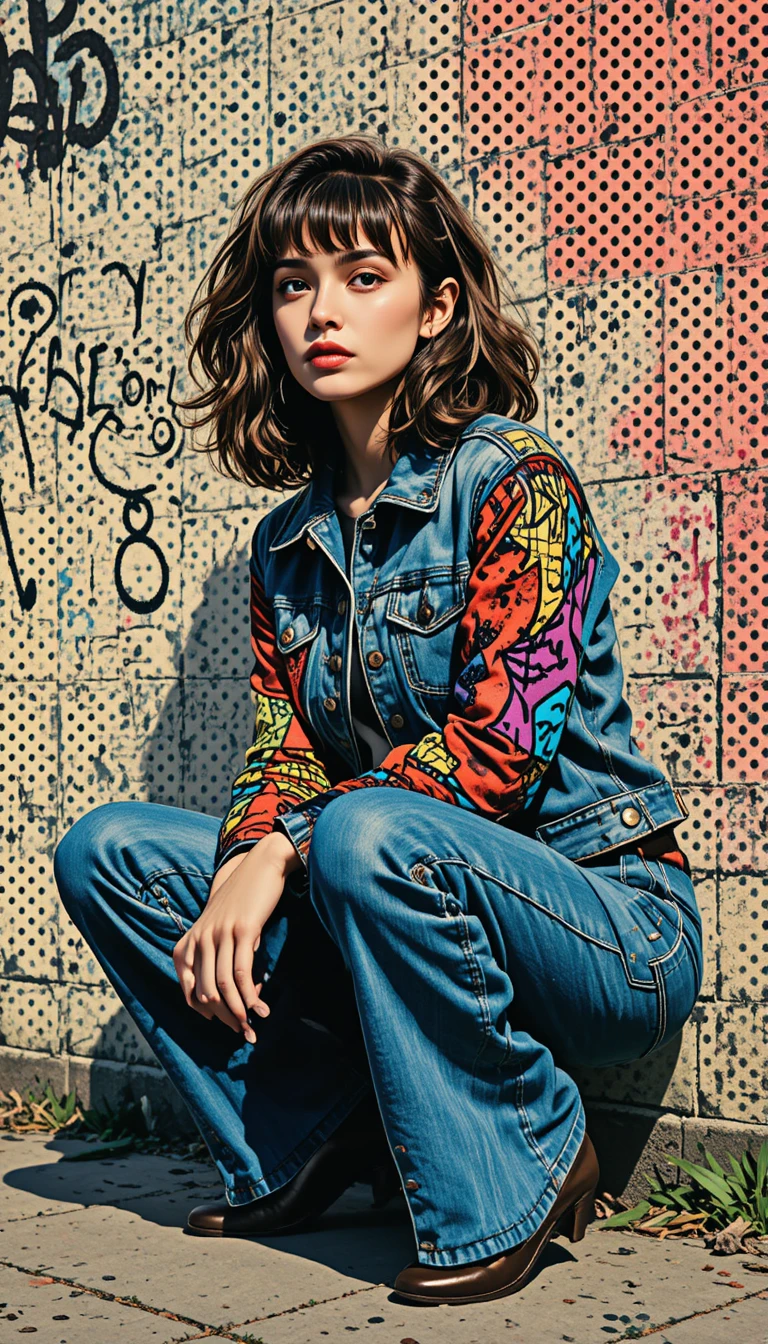 Pop art girl with multicolored hair by a graffiti wall