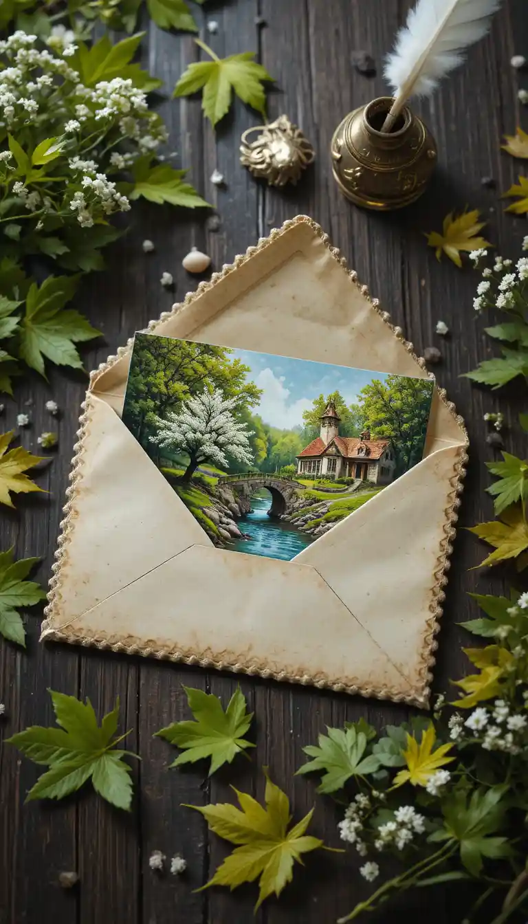 Sobre vintage con pintura de paisaje primaveral sobre escritorio de madera