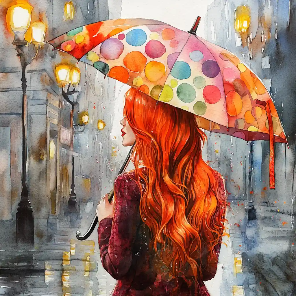 Mulher ruiva caminhando sob um guarda-chuva colorido