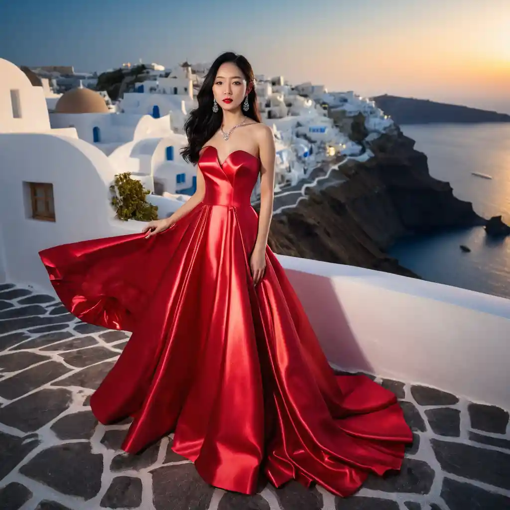 Elegante garota japonesa em vestido de cetim vermelho à noite