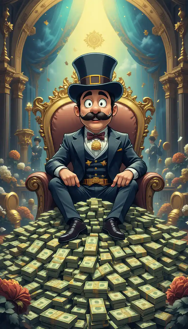 Cartoon tycoon sitting on a towering pile of cash
