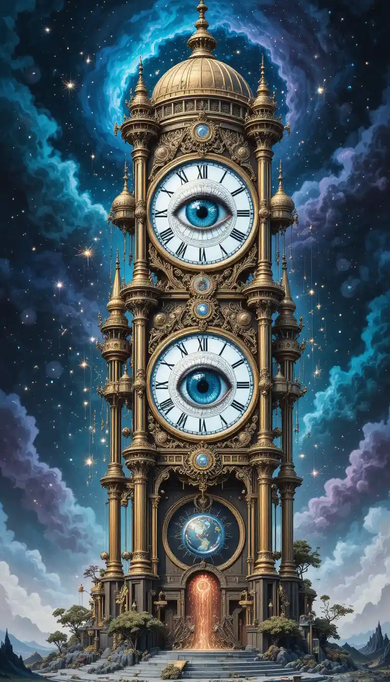 Surreal steampunk clock tower with watching cosmic eyes