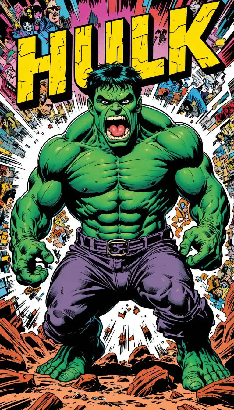 Super-herói selvagem cinza estilo Hulk em ação de gibi retrô