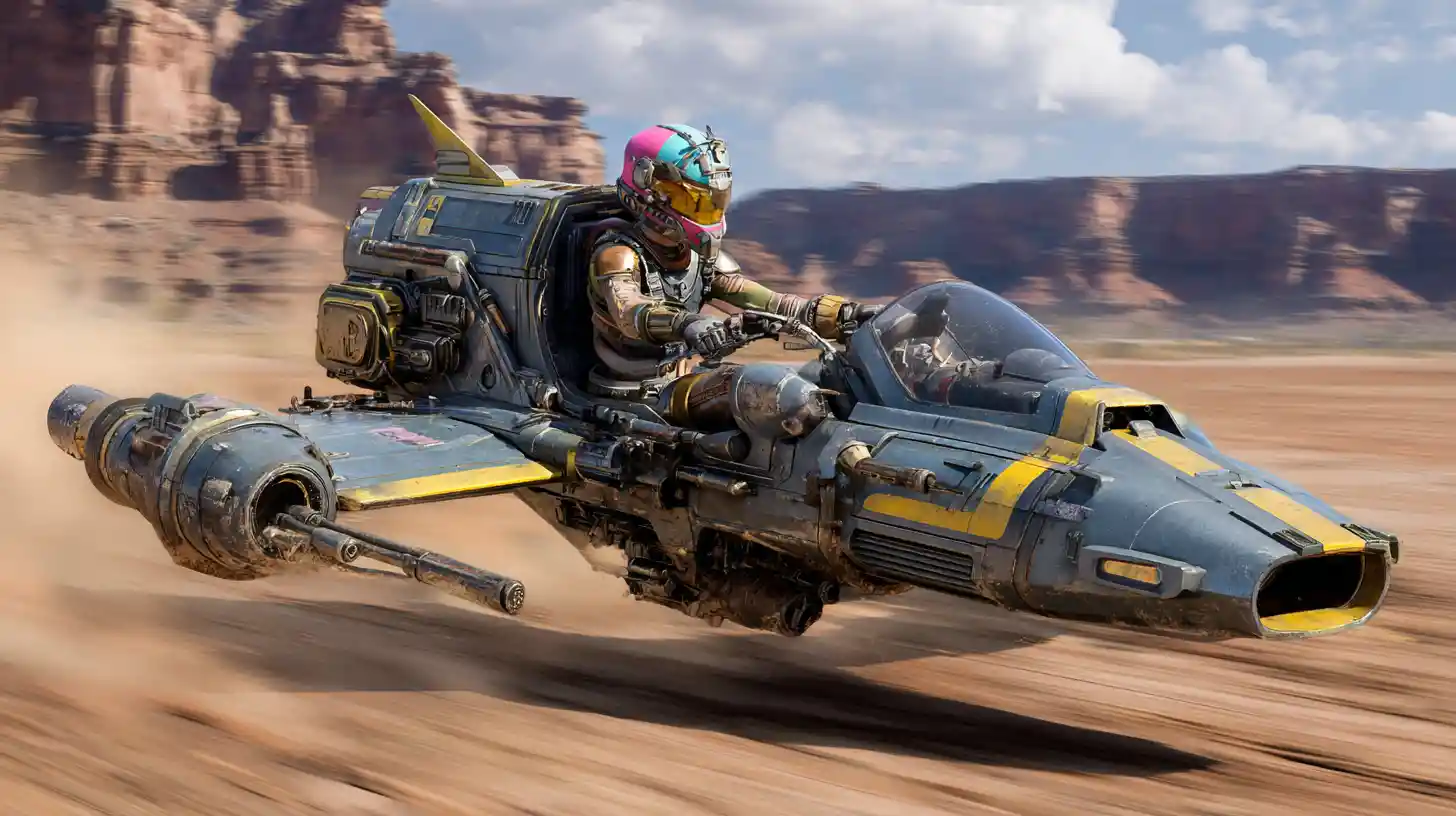 Einsitziger Hyper-Speeder rast über eine staubige Wüste