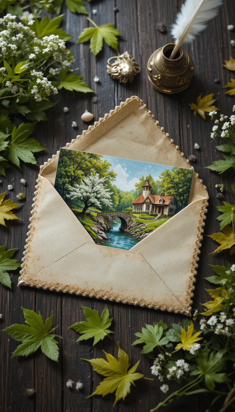 Sobre vintage con pintura de paisaje primaveral sobre escritorio de madera