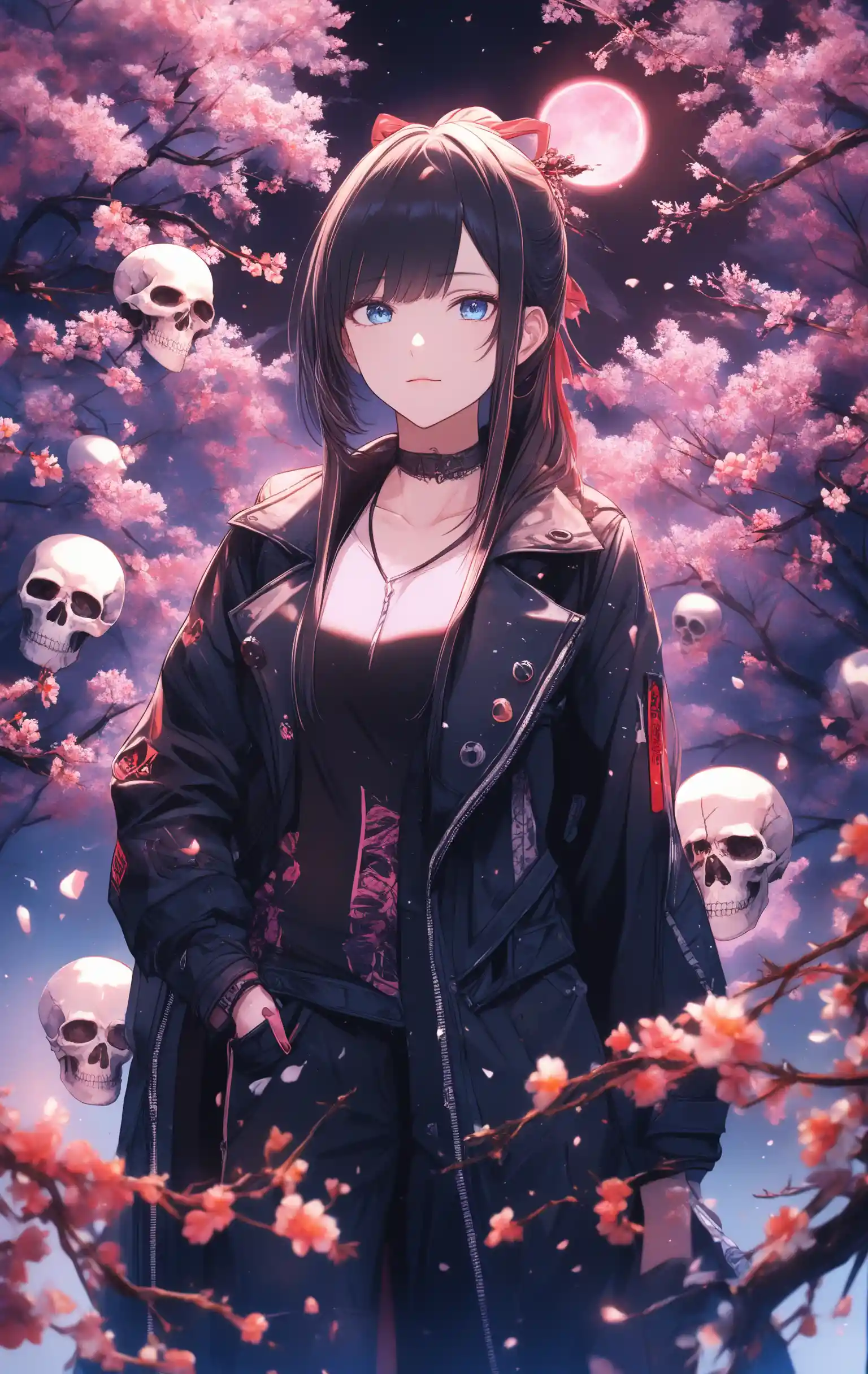 Studentessa delle superiori in stile anime sotto i ciliegi in fiore con luna rosa pallida
