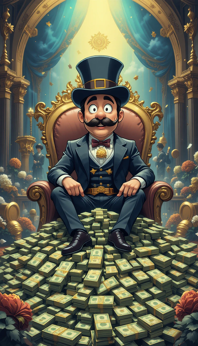 Cartoon tycoon sitting on a towering pile of cash