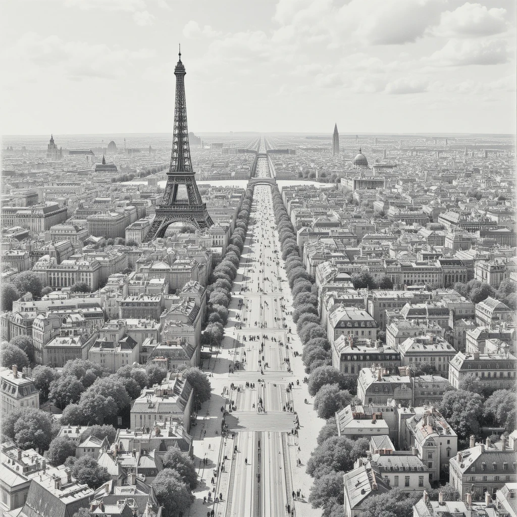 Paysage urbain de Paris en graphite avec tour Eiffel et avenue