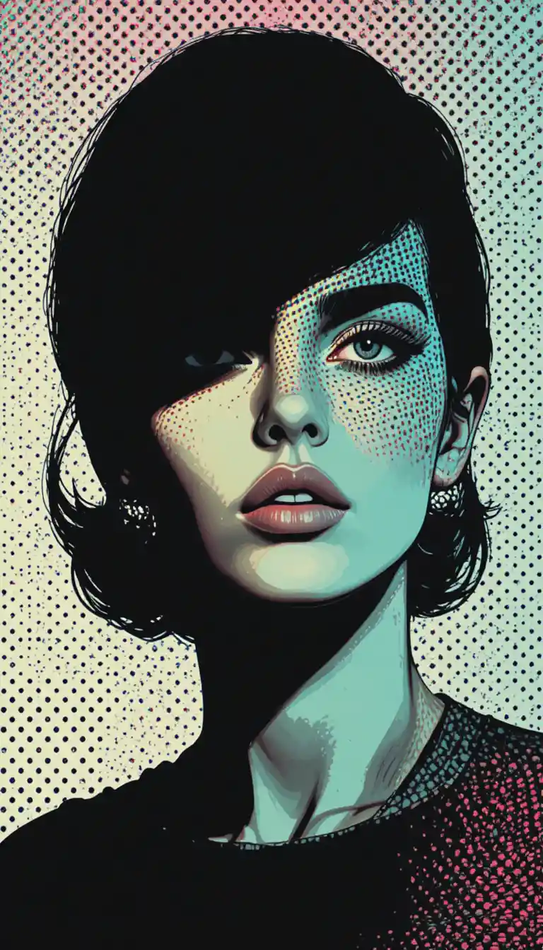 Retrato pop art de una mujer contemplativa con sombras de semitono