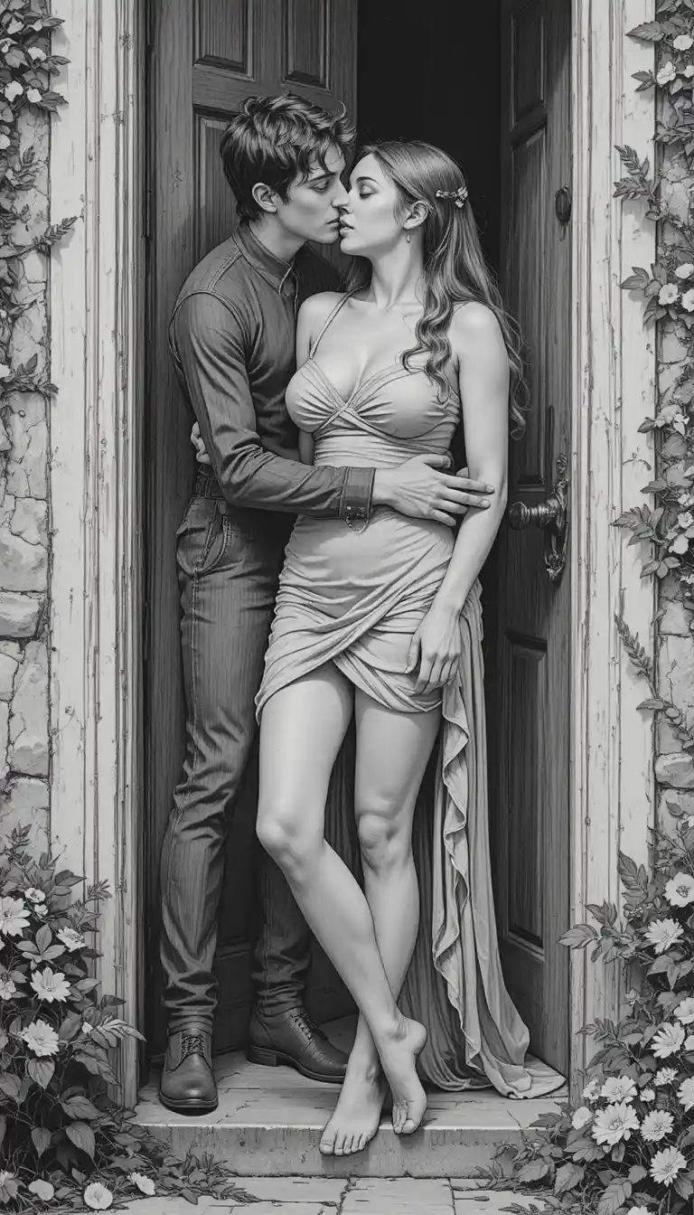 Young couple embracing closely near a front doorway