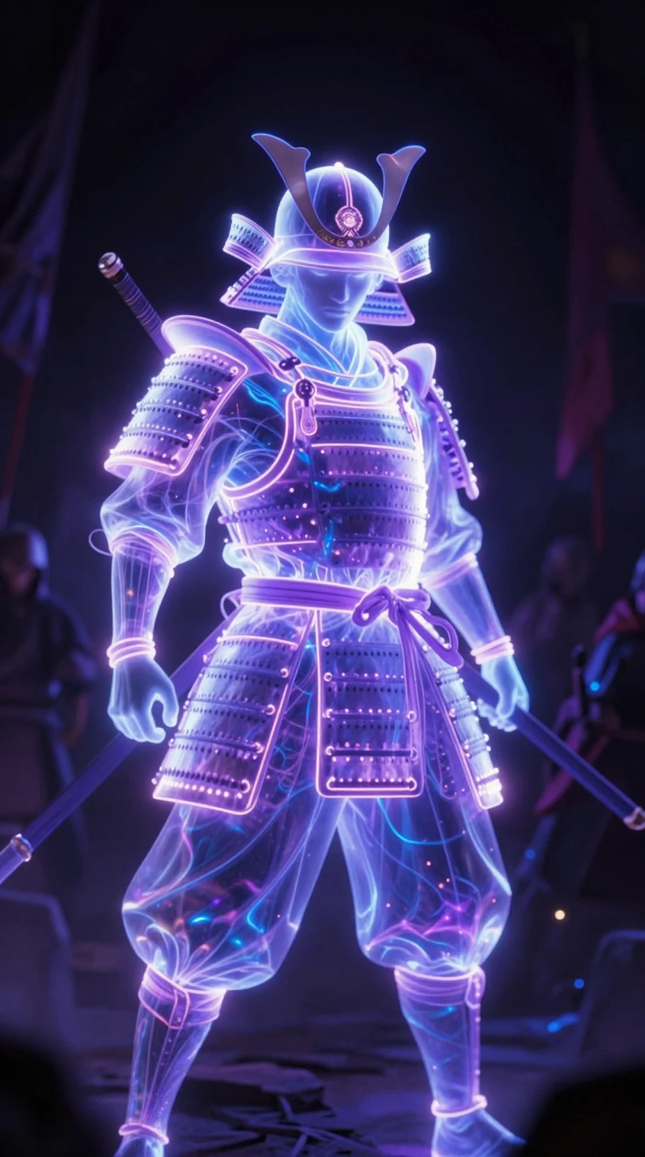 Samurai spirit emerging in neon from a dark screen void