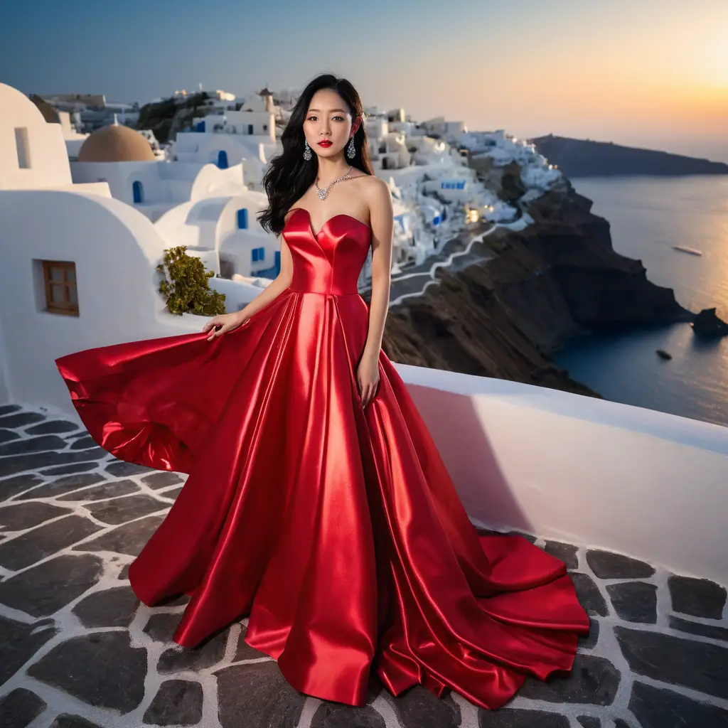Elegante garota japonesa em vestido de cetim vermelho à noite
