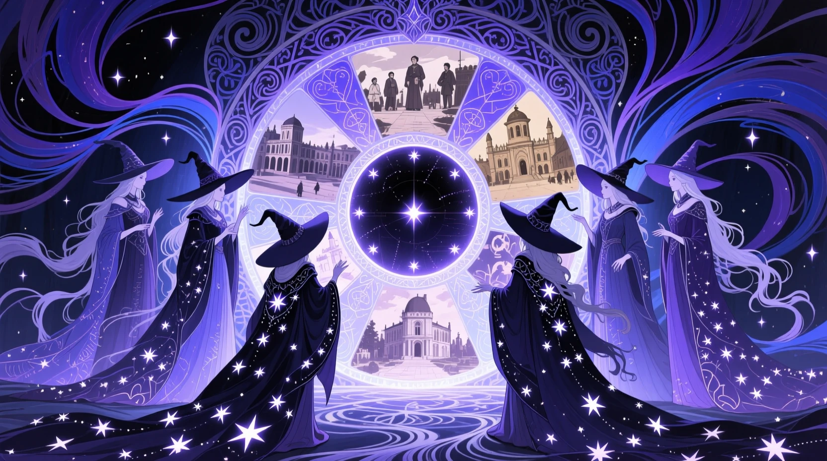 Ethereal witches gathered around a glowing time portal