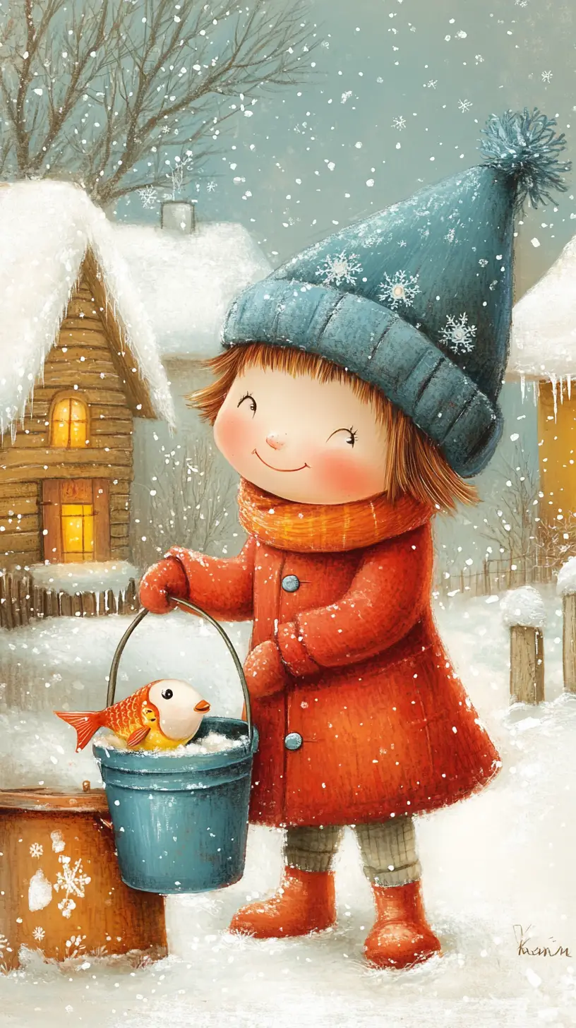 Joyful child with crowned fish in snowy village scene