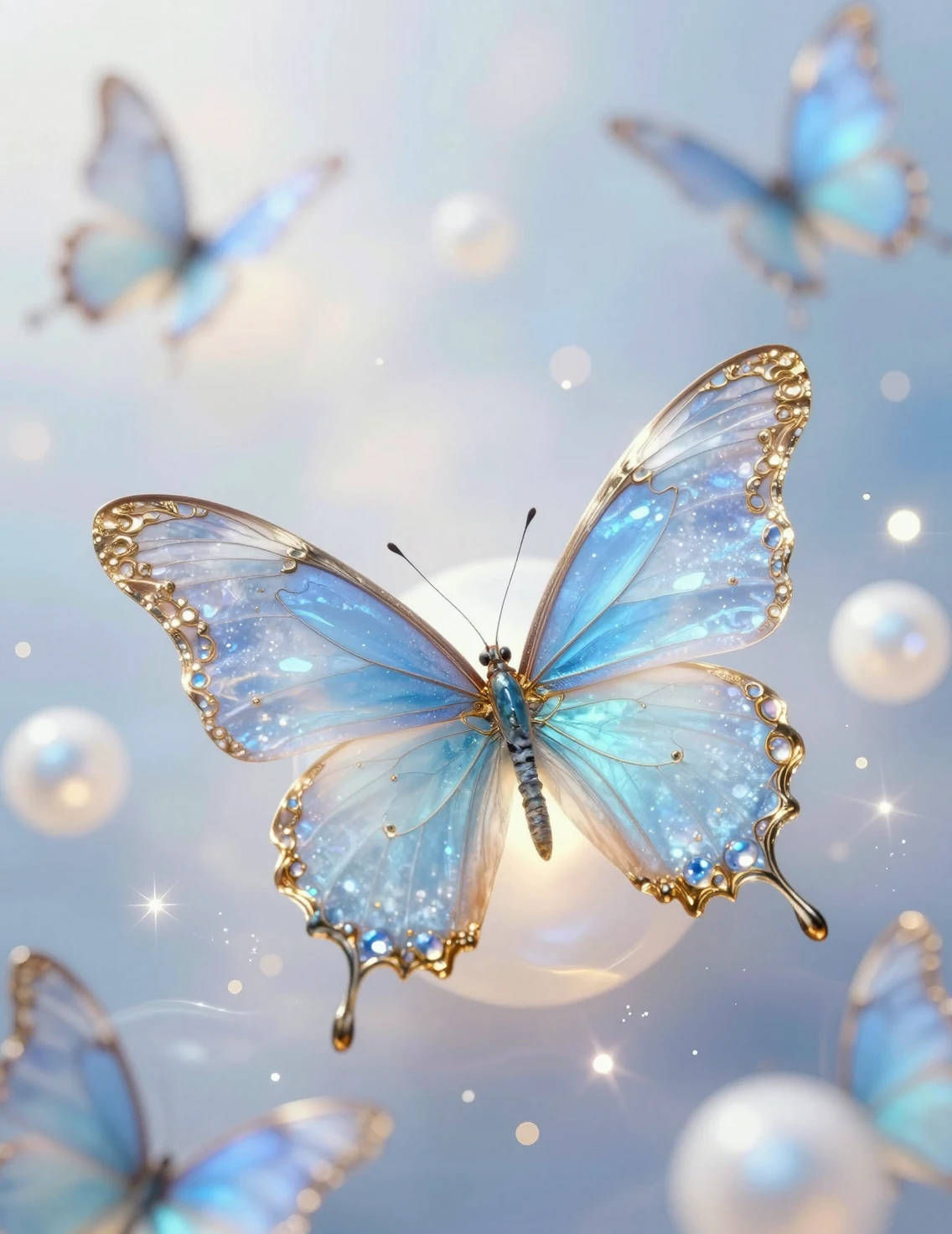 Borboleta azul cristalina entre orbes brilhantes em luz onírica