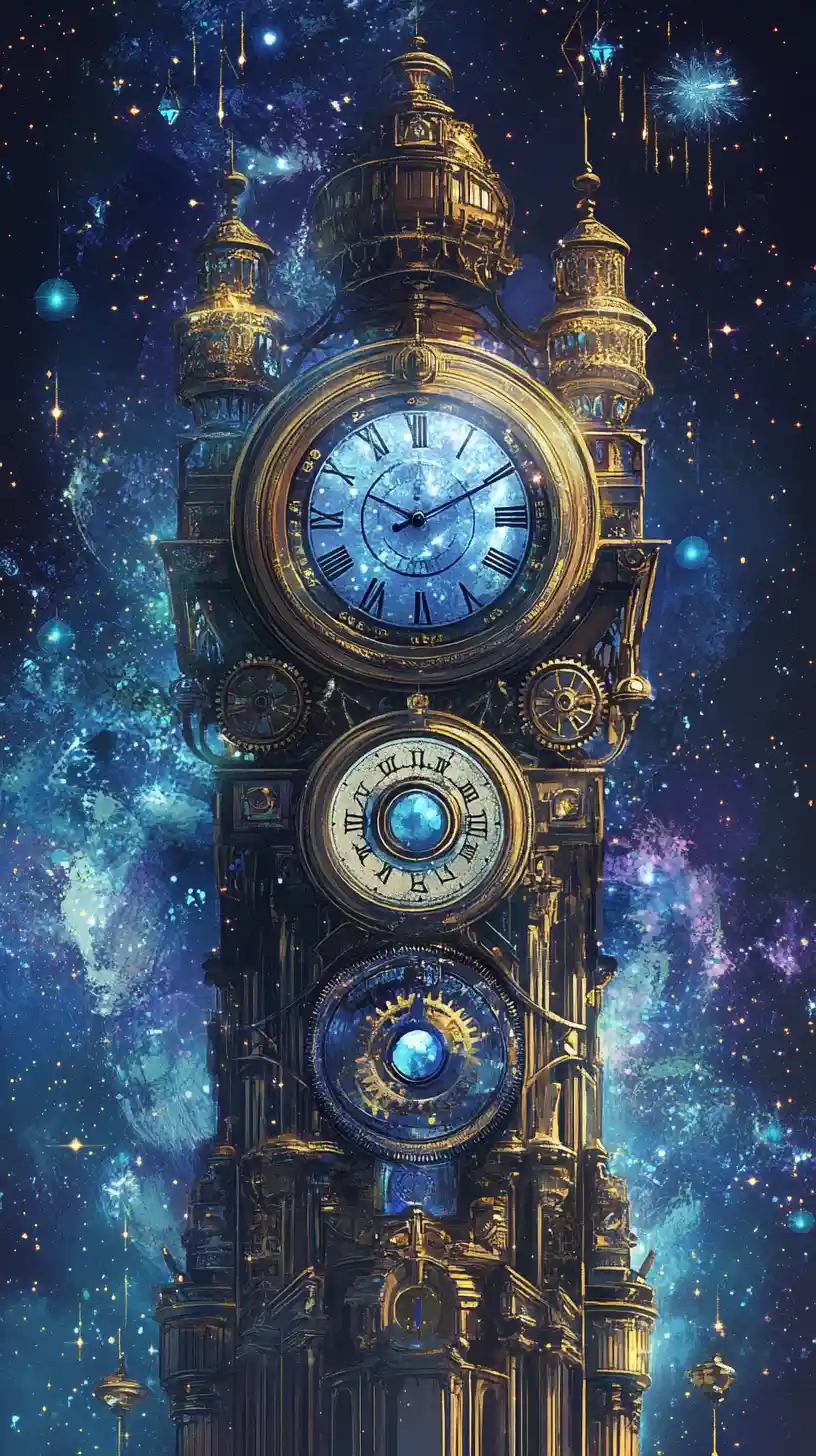 Surreal steampunk clock tower with watching eyes in space