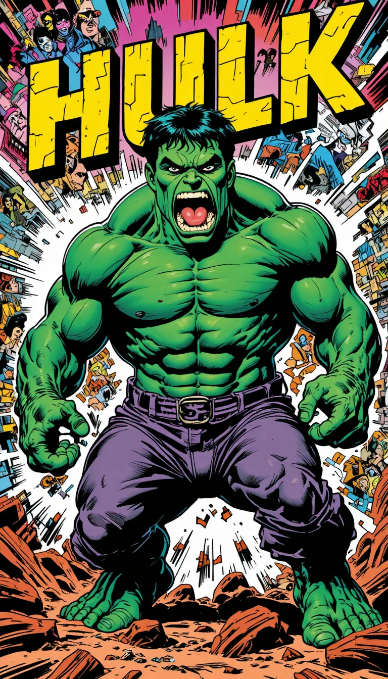 Super-herói selvagem cinza estilo Hulk em ação de gibi retrô