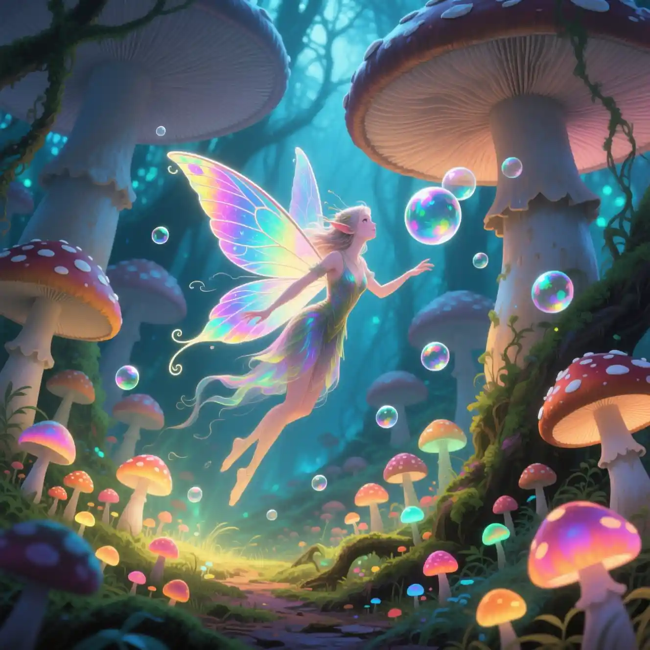 Fairy Hovering In A Glowing Bioluminescent Mushroom Forest