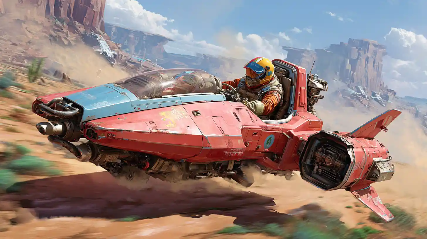 Hyper speeder cramoisi futuriste traversant les plaines désertiques