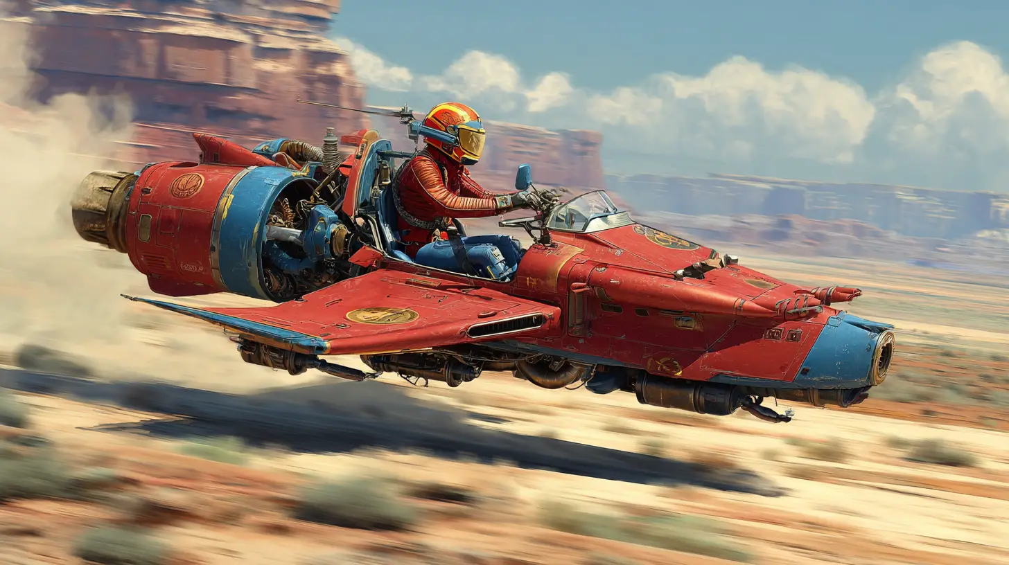 Futuristischer karmesinroter Hyperspeeder rast durch staubige Wüste