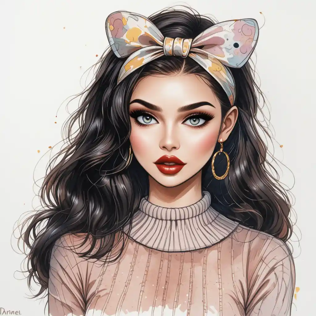 Watercolor portrait of a girl with messy hair and bow headband