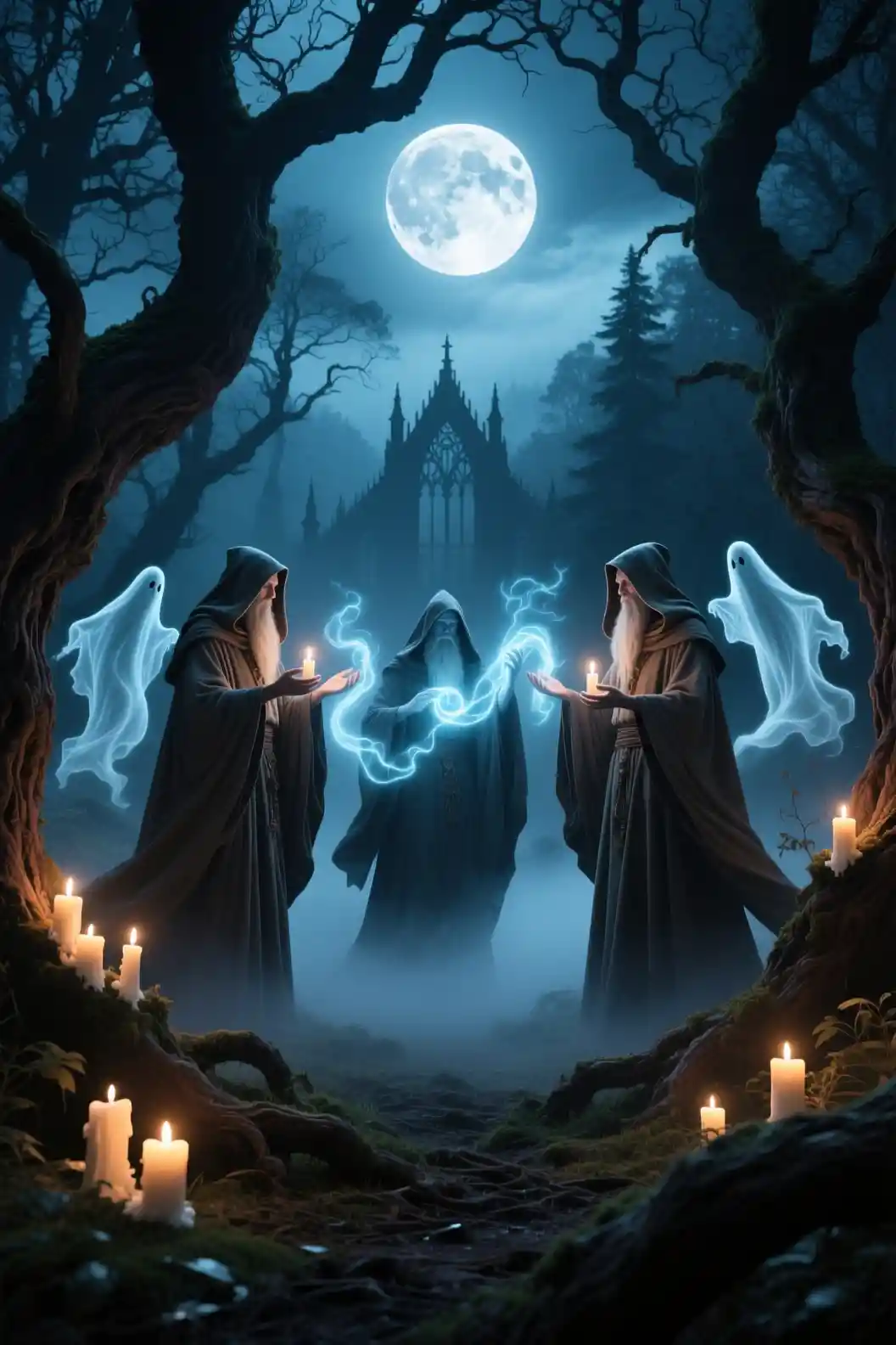 Druids Casting Spells In A Moonlit Enchanted Forest
