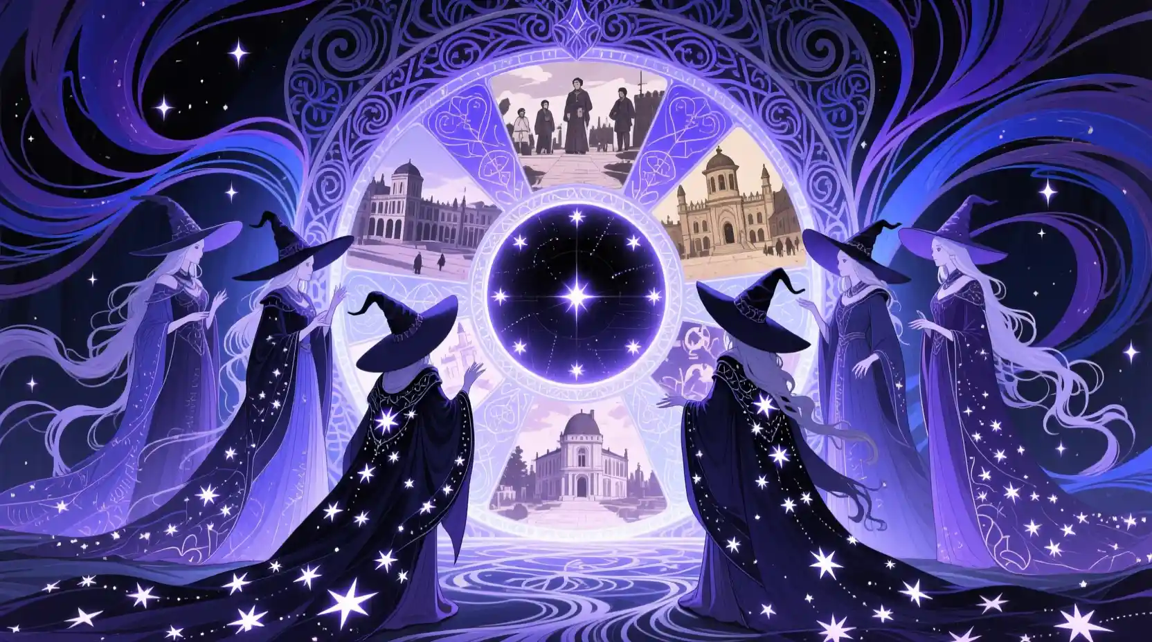 Ethereal witches gathered around a glowing time portal