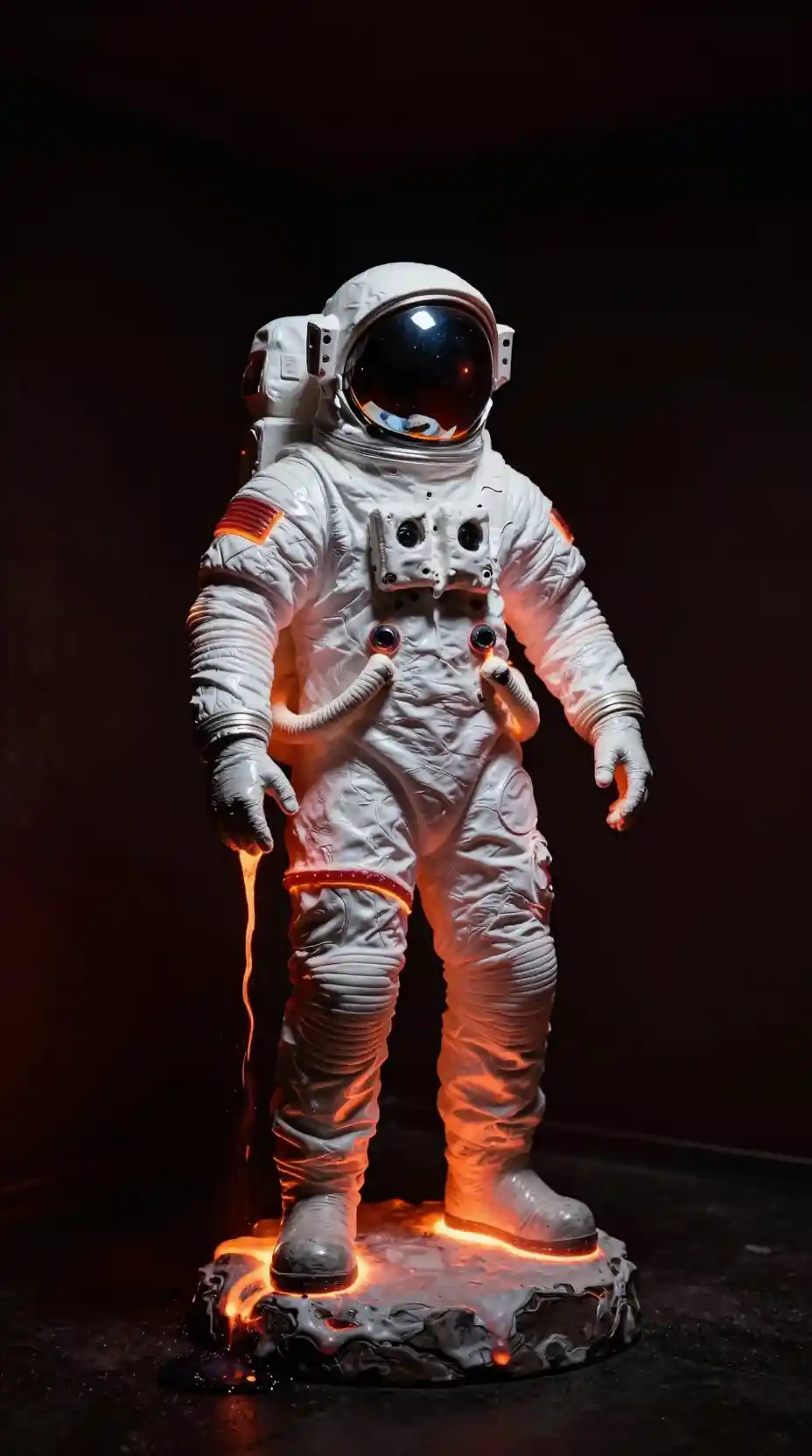 黑暗熔岩光照房間中的融化太空人雕像