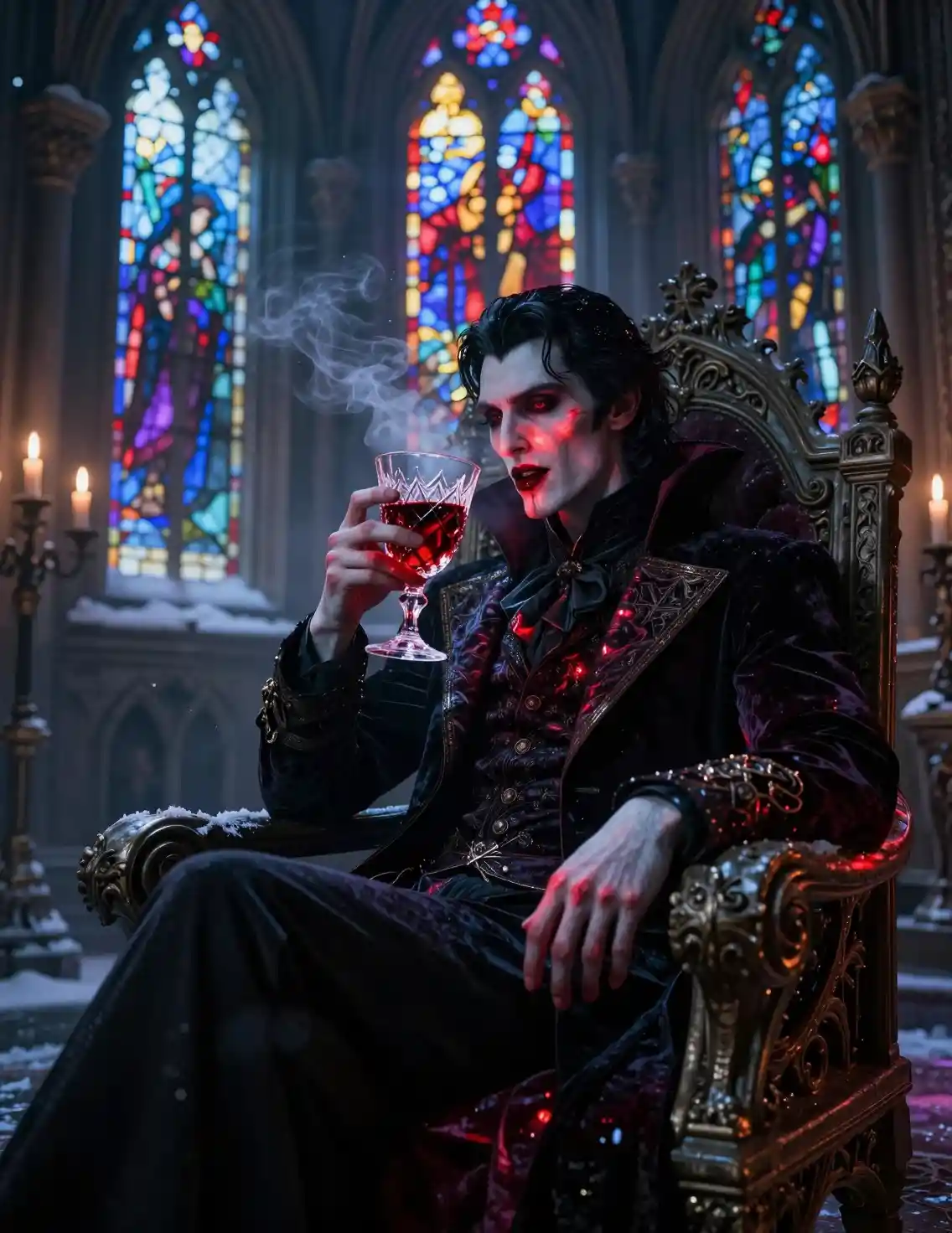 Gothic vampire lord on a stone throne in moonlit castle
