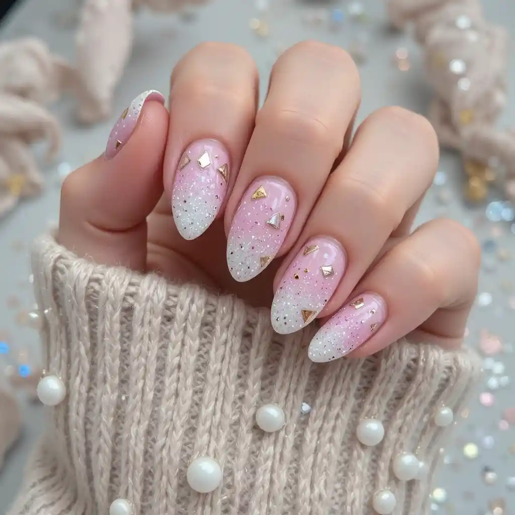 Primo piano di unghie a mandorla rosa glitter con dettagli dorati