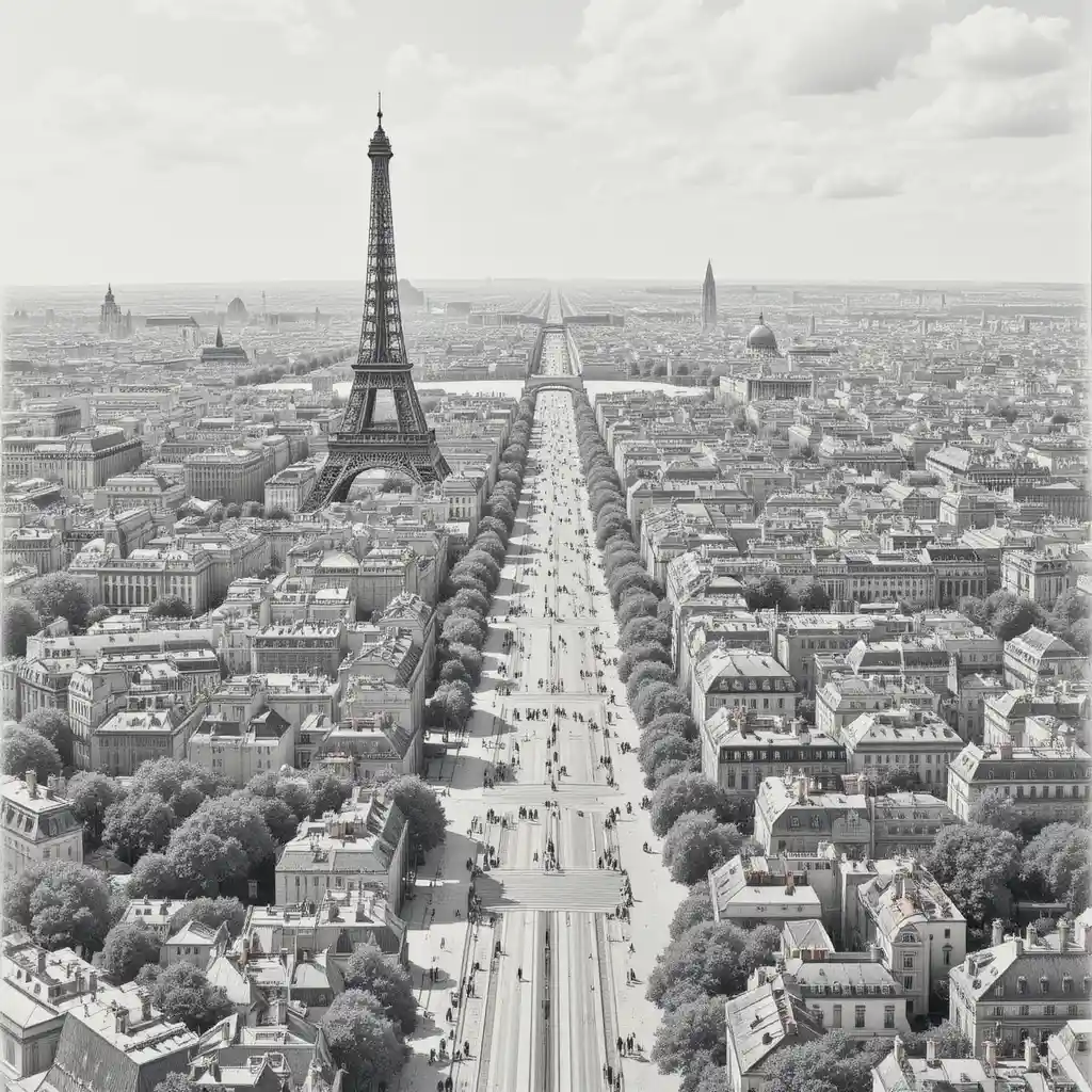 Paysage urbain de Paris en graphite avec tour Eiffel et avenue