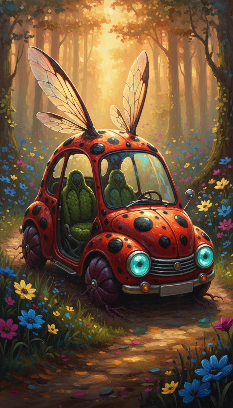 Criatura Coche-Mariquita Surreal en un Sendero de Bosque Luminoso