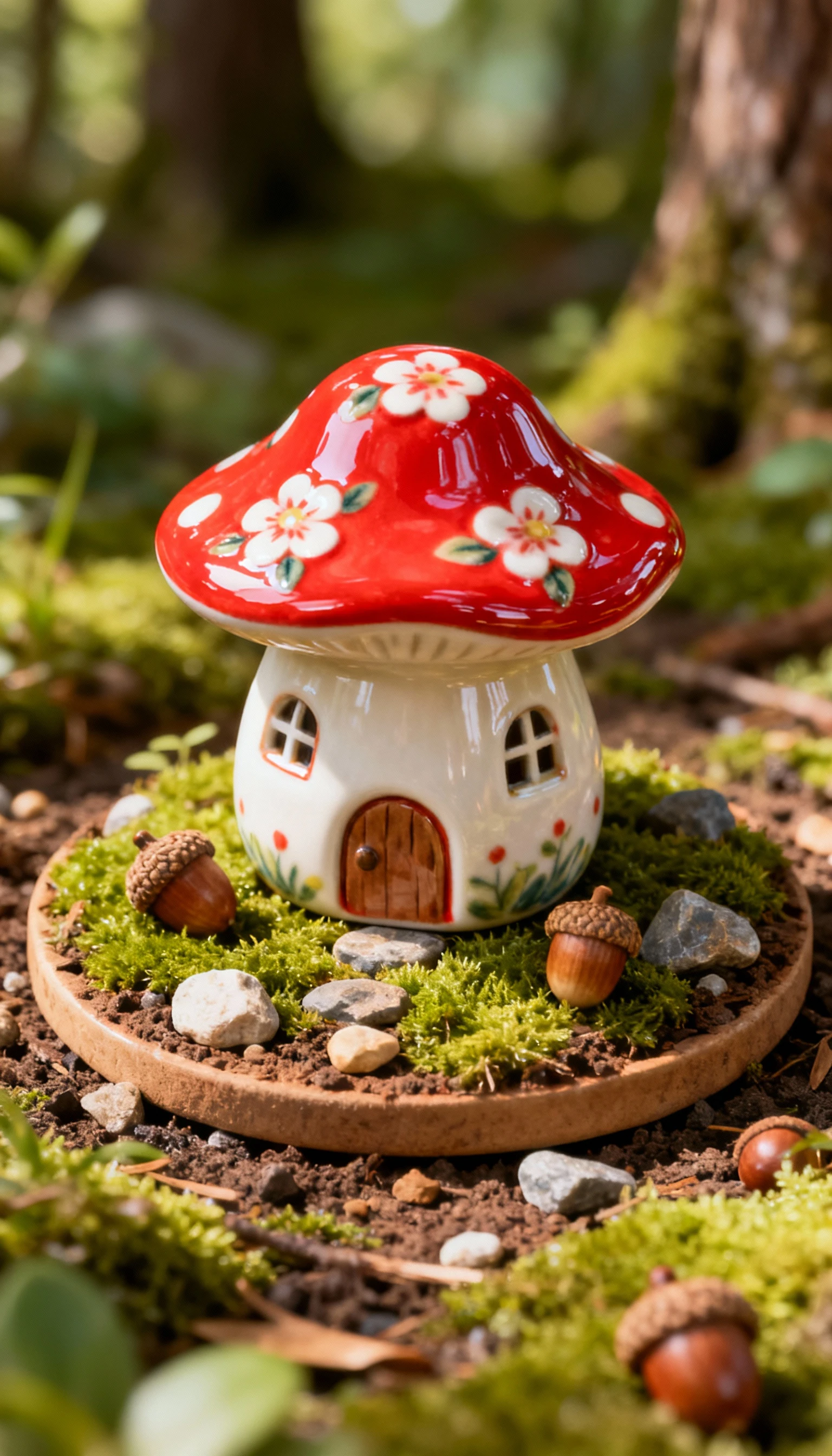 Isometric ceramic mushroom house on tiny forest diorama
